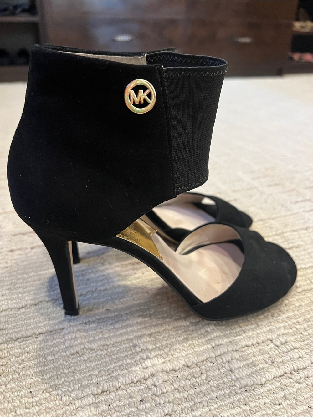 Michael Kors Black Suede Open-Toe Ankle-Cuff Heels with Gold Logo